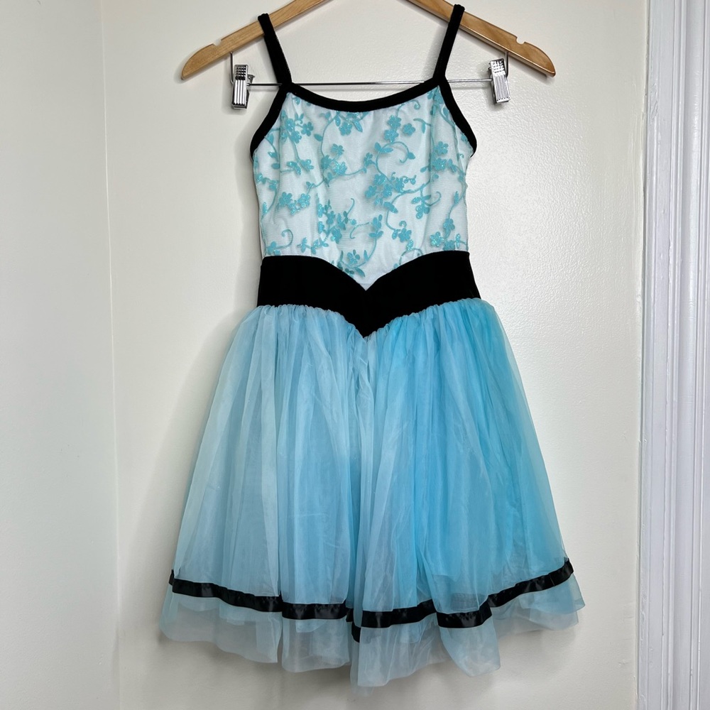 Weissman Ballet Costume Child Medium Blue Tulle Black Velvet Trim Floral Bodice